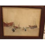 After Henri Cassiers (1848-1944) - shore scene with boats and figures, reproduction colour print (
