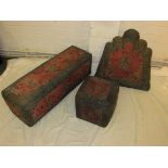 Three Chinese cushions or footstools upholstered in wadding and blue and red patterned silk, rigid