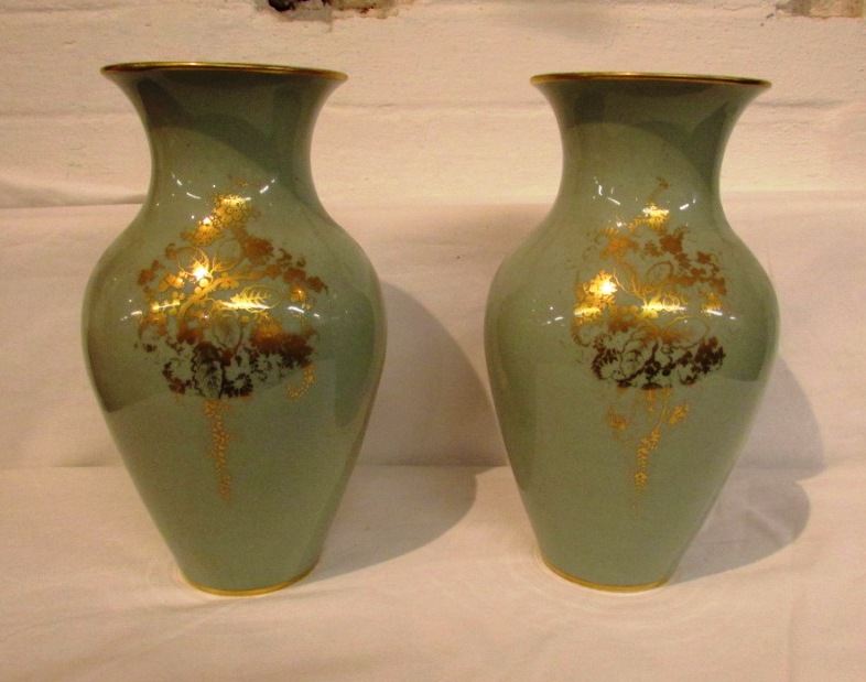 A pair of continental porcelain baluster vases, celadon ground and painted and transfer decorated to - Image 2 of 5