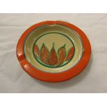 Clarice Cliff Fantasque ashtray, orange border, painted with stylized brown and orange flowers,