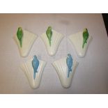 Five Sylvac budgerigar cream wall pockets: Green bird facing right, impressed number 1956, 21cm