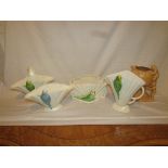 Four Sylvac and Falcon budgerigar vases - Sylvac fan shape green bird, impressed number 548,