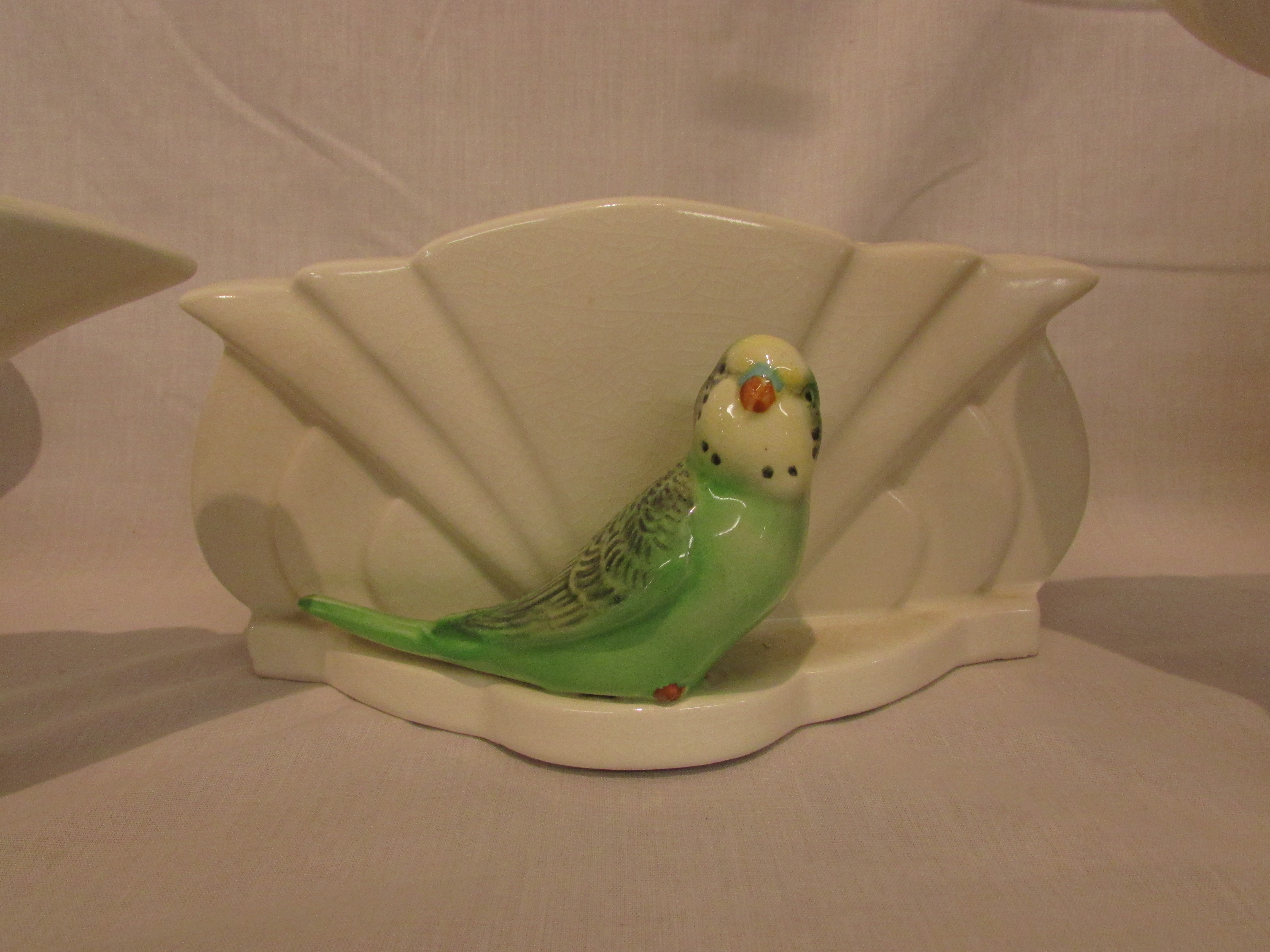 Four Sylvac and Falcon budgerigar vases - Sylvac fan shape green bird, impressed number 548, - Image 2 of 3