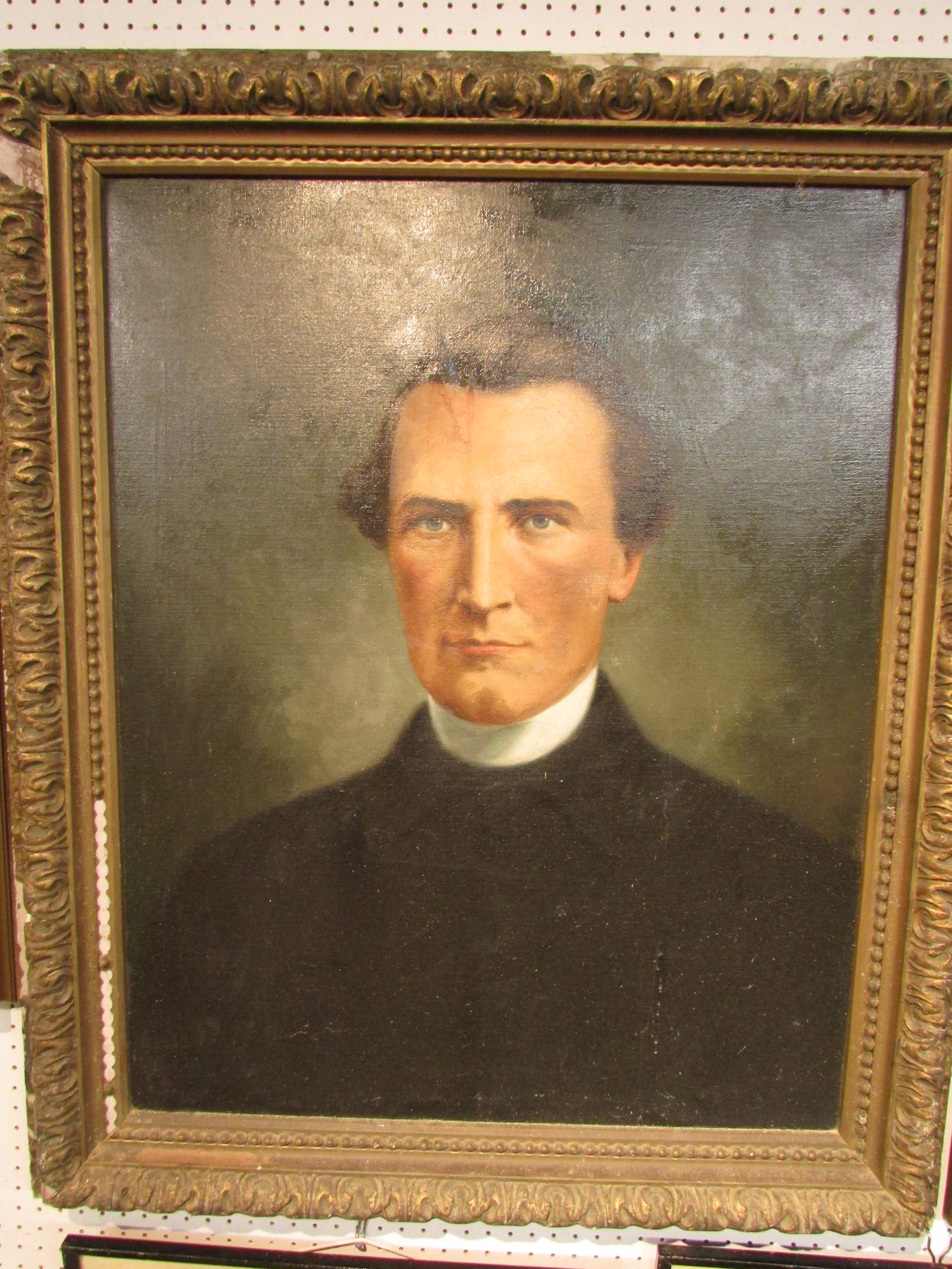 19th C oil on canvas head-and-shoulders portrait of vicar (74cm x 58cm) on a moulded gilt gesso - Image 2 of 2