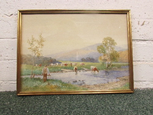 David Bates (1840-1921) - cows at river, watercolour, signed lower left, 26cm x 36cm, F&G