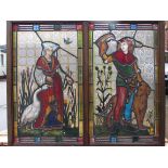 Two-panel leaded stained glass depicting a falconer with bird and hound by tall thistles, and a lady
