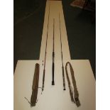 James B Walker three-part split cane rod (total length 305cm); a two-part split cane rod 180cm,