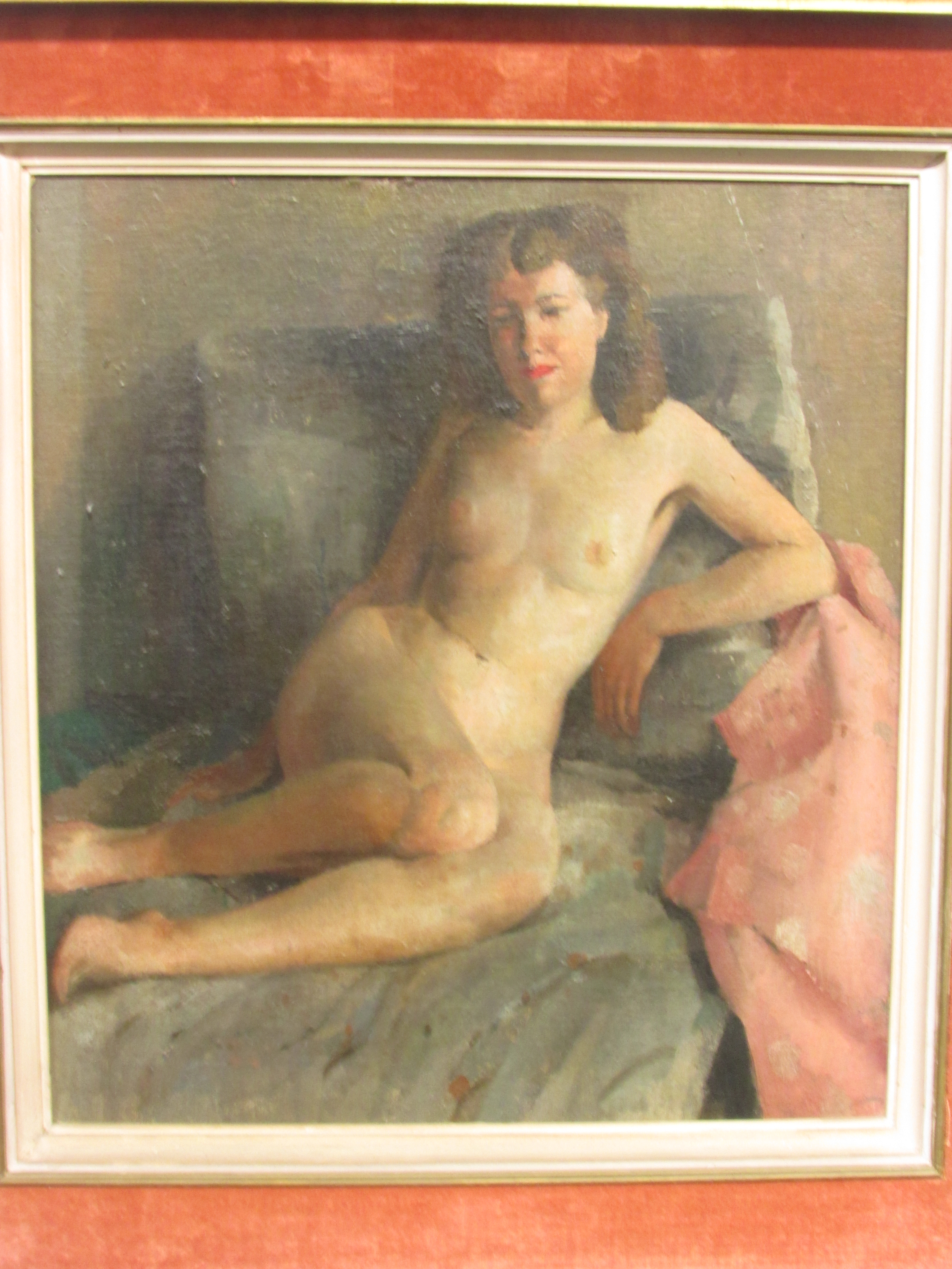 Oil on board of reclining nude woman, perhaps early/mid 20th century, 42.5cm x 38.5cm, in a modern