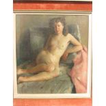 Oil on board of reclining nude woman, perhaps early/mid 20th century, 42.5cm x 38.5cm, in a modern