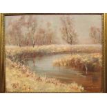 Peter L Oliver - 'Frosty morning River Yarty', oil on board, 39cm x 49cm, signed lower right and