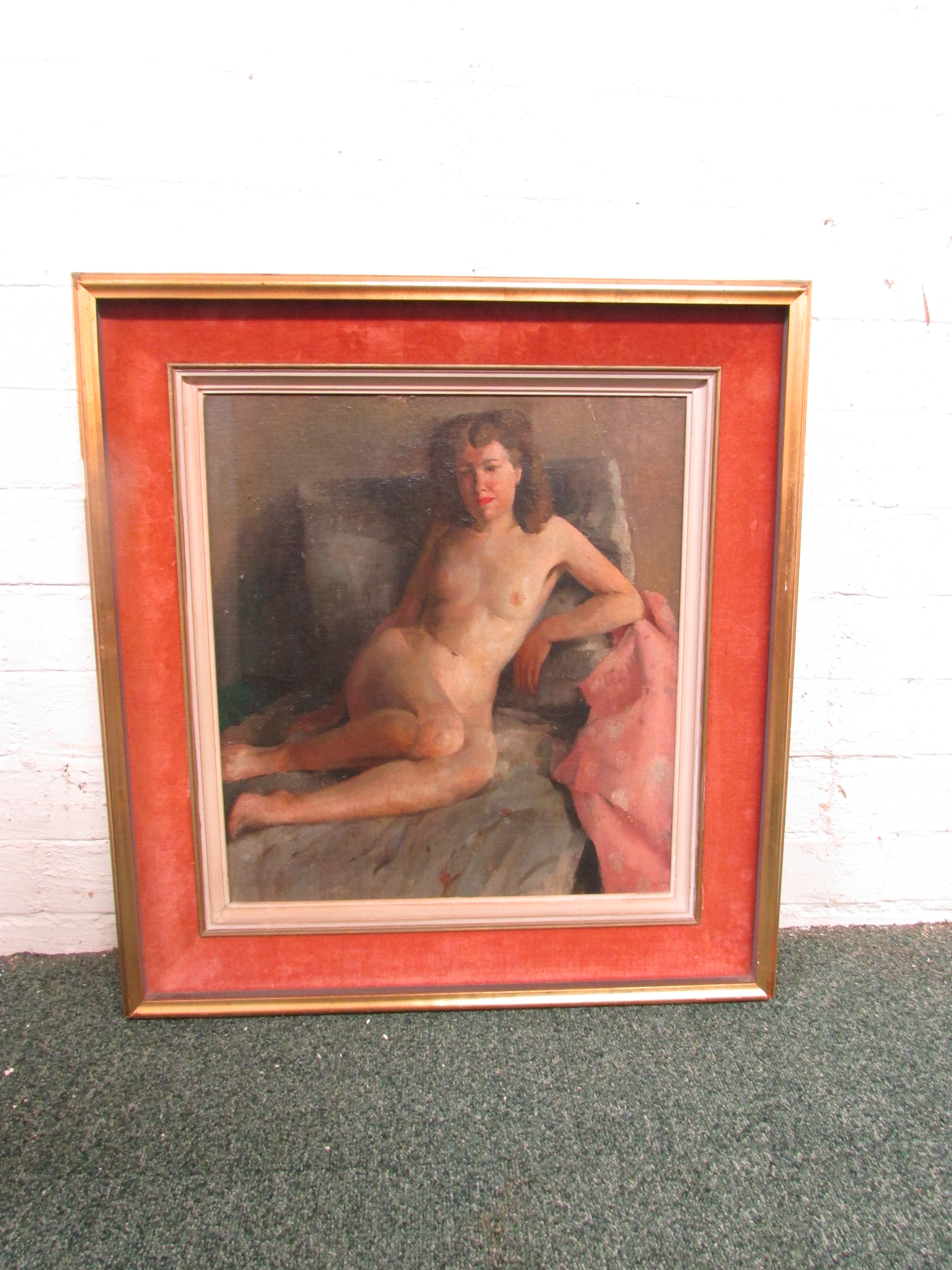 Oil on board of reclining nude woman, perhaps early/mid 20th century, 42.5cm x 38.5cm, in a modern - Image 2 of 2