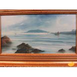 Alan Kingwell - 'Looe Island', oil on board, 15cm x 28.5cm, signed lower left, in a moulded gilt