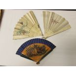 Three fans - silk painted with bird and flowers, pierced and milled bone guards and sticks (27cm);