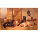 Four dogs by door, oil on canvas (29cm x 49cm), probably 19th century, in a gilt gesso frame,