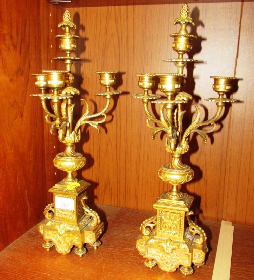 PAIR OF HEAVY MOULDED AND DECORATED GILT METAL CANDLE STANDS