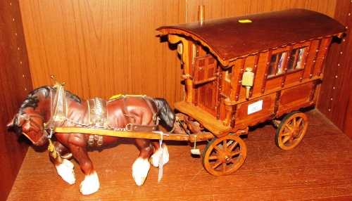 BESWICK SHIRE HORSE WITH WOODEN TRAVELLER'S WAGON