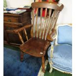 LARGE MID OAK CARVER CHAIR ON TURNED LEGS, STAMPED H.S