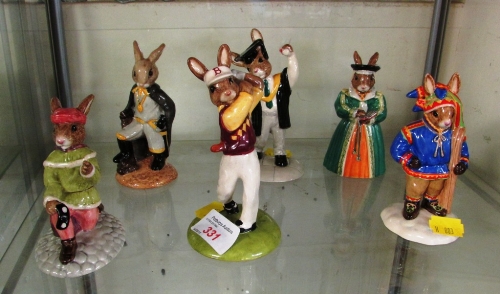 SIX ROYAL DOULTON BUNNYKINS ORNAMENTS - 'CATHERINE PARR', 'ROMEO', 'GRADUATION DAY', 'SHERIFF OF