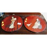 PAIR OF WOOD MOUNTED ORIENTAL WALL PLAQUES DECORATED WITH MAN AND WOMAN