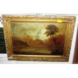 OIL ON BOARD OF LAKE SCENE IN GILT FRAME (A/F)