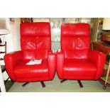 ROM TWIST SWIVEL RECLINING ARMCHAIR IN TRENTINO RED LEATHER UPHOLSTERY ON CHROMIUM BASE (ONE OF A