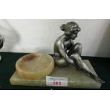 FRENCH ART DECO STYLE STONE PIN TRAY OR STAND MODELLED WITH SILVER PLATED SPELTER FIGURE OF SEATED