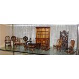 QUANTITY OF HANDMADE MINIATURE FURNITURE INCLUDING SPINNING WHEEL AND LOVE SEAT