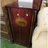 RED WOOD VENEERED CD STORAGE CABINET IN ORIENTAL STYLE WITH BRASS FIXTURES