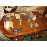 GLASS LIGHT SHADES, MINIATURE FIRE BELLOWS, NOVELTY SALT AND PEPPER POT AND OTHER VINTAGE ITEMS (