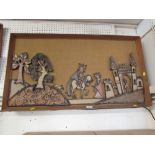FRAMED CLAY WALL RELIEF OF CASTLE, KING AND QUEEN WITH IMPRESSED MAKER'S STAMP