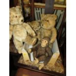 THREE VINTAGE JOINTED TEDDY BEARS AND JOINTED MONKEY