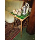 BAMBOO FRAMED OCCASIONAL TABLE WITH GREEN TILED TOP AND STRETCHERED SHELF BENEATH