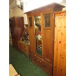 ART NOUVEAU STYLE OAK BEDROOM SUITE COMPRISING WARDROBE WITH SINGLE DOOR AND DRAWER WITH COPPER