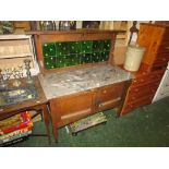 OAK WASHSTAND WITH MARBLE TOP AND TILED SPLASH BACK WITH TWO CUPBOARD DOORS