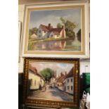 FRAMED OIL ON CANVAS OF HOUSE BY RIVERSIDE SIGNED LOWER LEFT AND OIL ON CANVAS VILLAGE SCENE