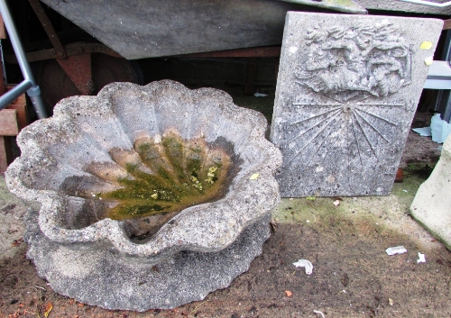 STONE BIRDBATH TOP, SUNDIAL AND PLINTH