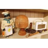 ROBERTS RADIO, SKIPPING ROPE, CAST METAL CAP, WOODEN HAT FORM ON STAND, ETC (ONE SHELF)