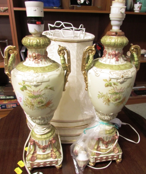 PAIR OF RUDOLSTADT BALUSTER VASES CONVERTED TO TABLE LAMPS DECORATED WITH FLOWERS, BOTH WITH CREAM