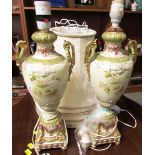 PAIR OF RUDOLSTADT BALUSTER VASES CONVERTED TO TABLE LAMPS DECORATED WITH FLOWERS, BOTH WITH CREAM