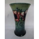 Moorcroft cylindrical vase of waisted form, green ground with pink and purple anemone pattern,