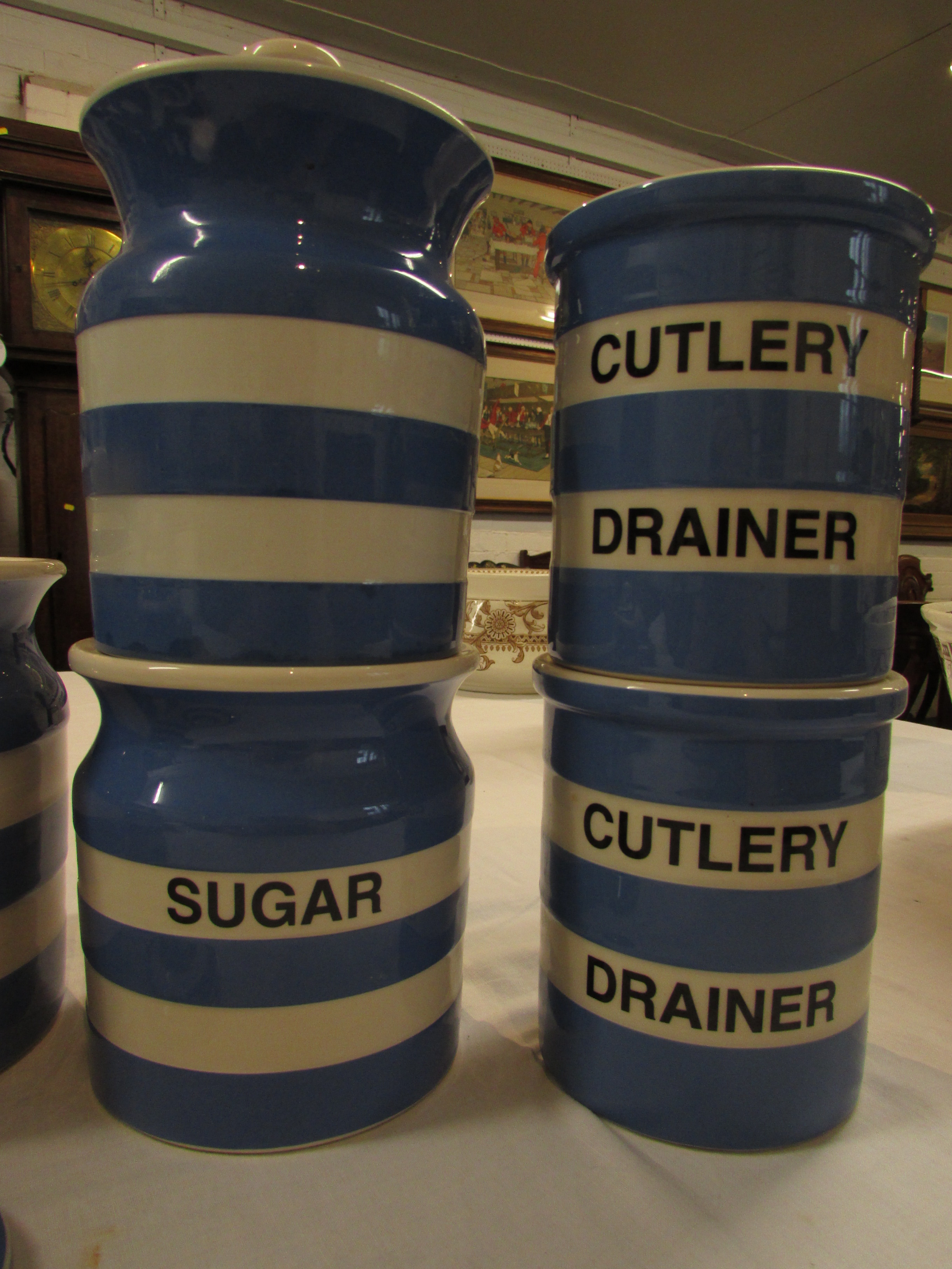 T G Green pottery blue and white striped kitchen jars - cutlery drainer (two), sugar (no lid), - Image 3 of 4