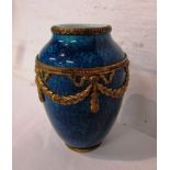 A small mottled blue ovoid vase with gilt metal swag mounts and trim, the bottom with painted mark