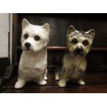 Two Winstanley dogs - a seated white terrier with brown glass eyes, height 22cm, marked ENGLAND 5