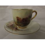 Royal Worcester cabinet cup painted with cattle and signed H Stinton, gilding, puce factory transfer