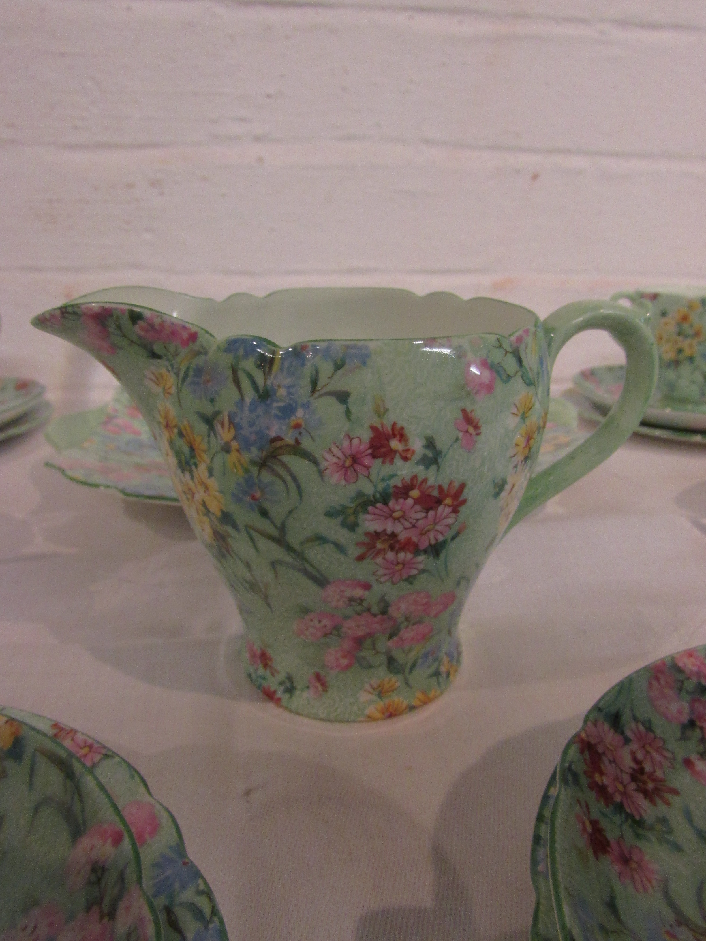 Shelley Melody tea set comprising six cups, saucers and side plates, a square serving plate, milk - Image 3 of 6