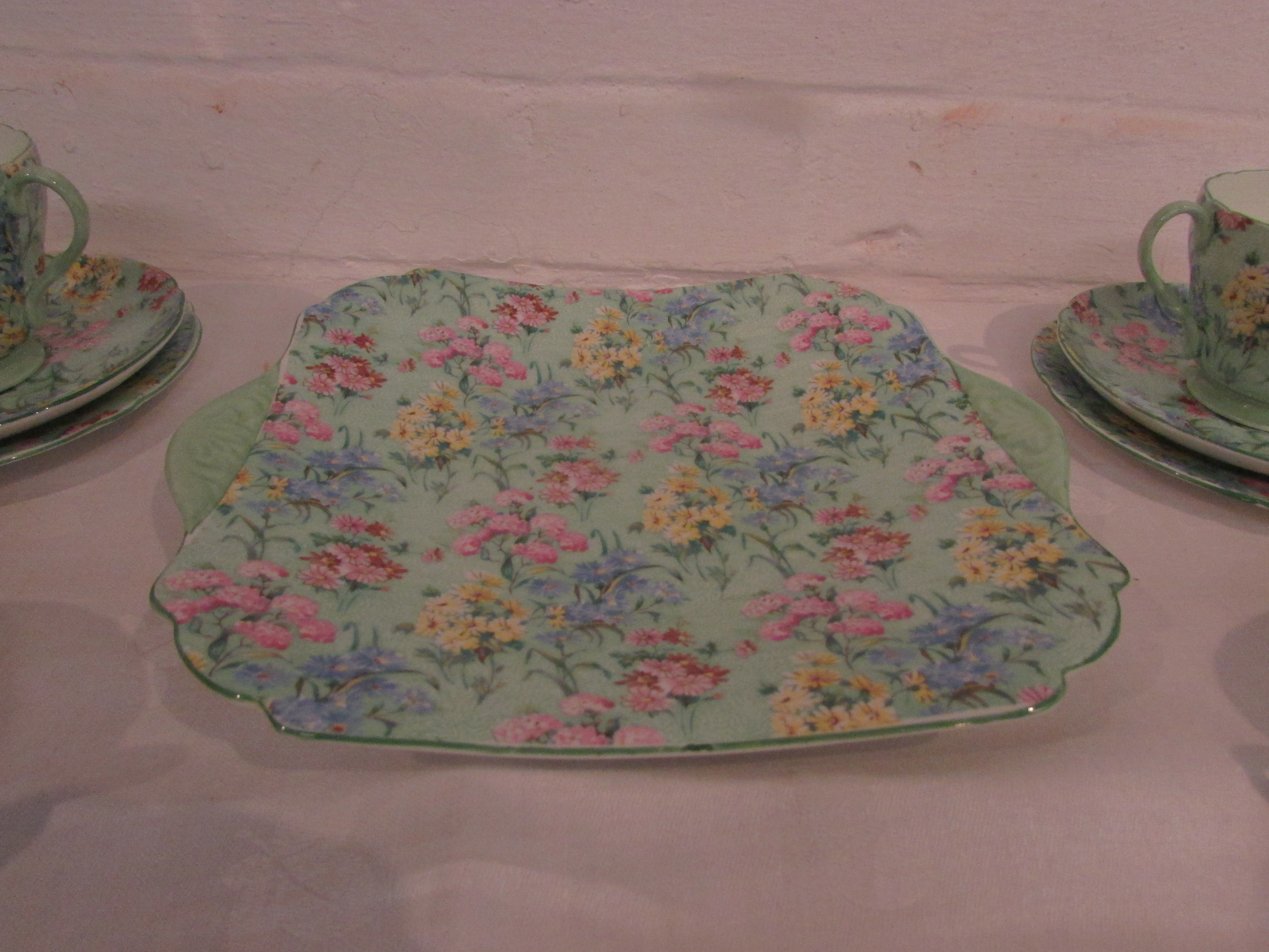 Shelley Melody tea set comprising six cups, saucers and side plates, a square serving plate, milk - Image 4 of 6