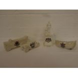 Four items of crested china - a Carlton charabanc 'Over the hills and far way' crested for Ancient