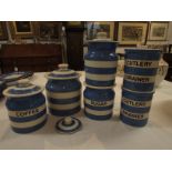 T G Green pottery blue and white striped kitchen jars - cutlery drainer (two), sugar (no lid),