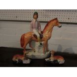 Large Staffordshire pottery flatback figure of horse and rider (height 28.5cm) and a pair of