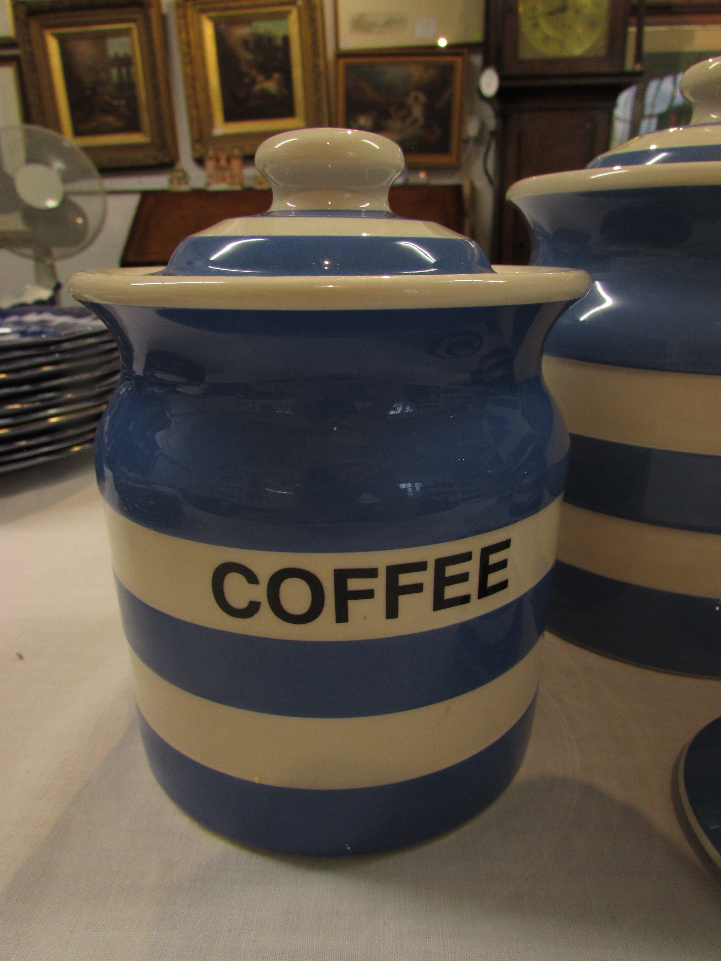 T G Green pottery blue and white striped kitchen jars - cutlery drainer (two), sugar (no lid), - Image 2 of 4